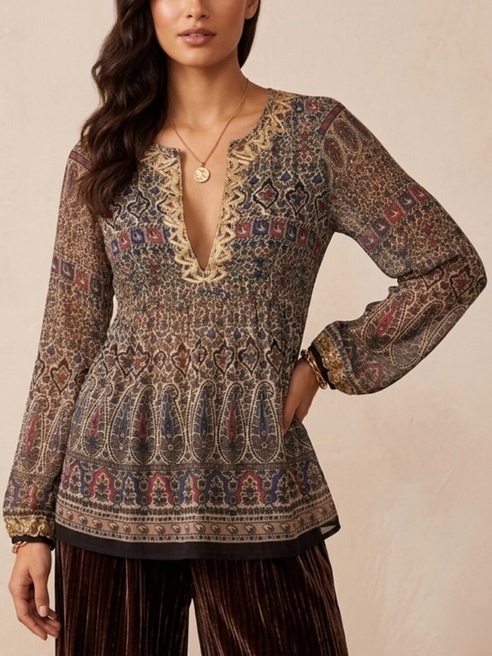Joie Boho 100% Silk Embroidered Paisley Babydoll Top Sz XS Maximalist
